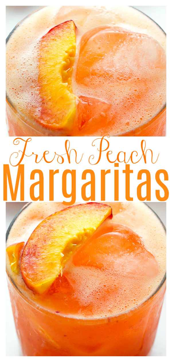 Fun and fruity Fresh Peach Margaritas!!! Made with fresh peach puree, orange juice, and lime juice. They're so refreshing and the perfect Summer cocktail!