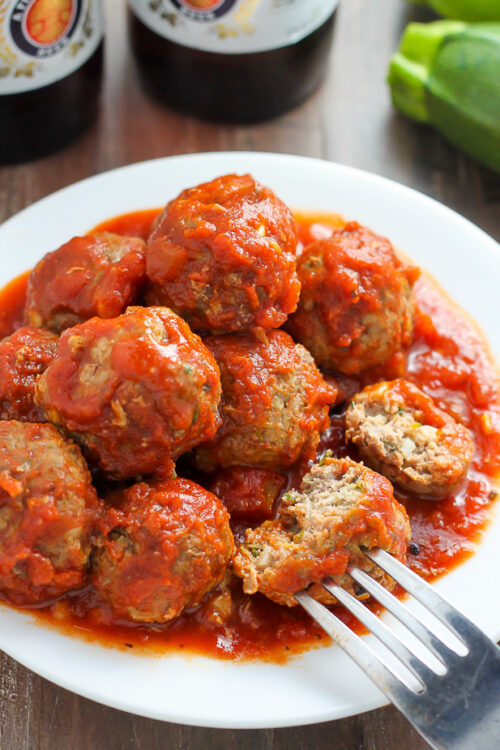 Juicy and flavorful turkey meatballs swimming in a sea of homemade marinara sauce. Baked and ready in about 30 minutes. YES.