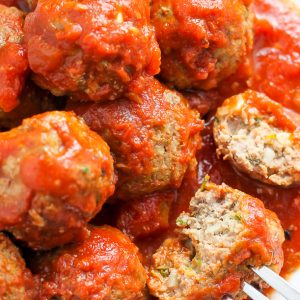 Juicy and flavorful turkey meatballs swimming in a sea of homemade marinara sauce. Baked and ready in about 30 minutes. YES.
