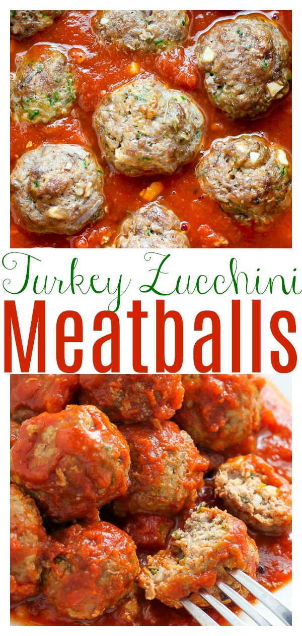 These juicy baked turkey zucchini meatballs are served with homemade marinara sauce! Ready in about 30 minutes, this is a crowd-pleasing recipe easy enough to whip up on a weeknight!