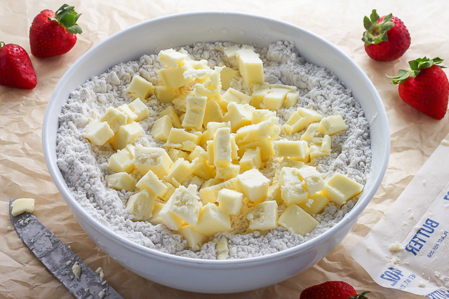 Cold butter cubed in flour mixture.