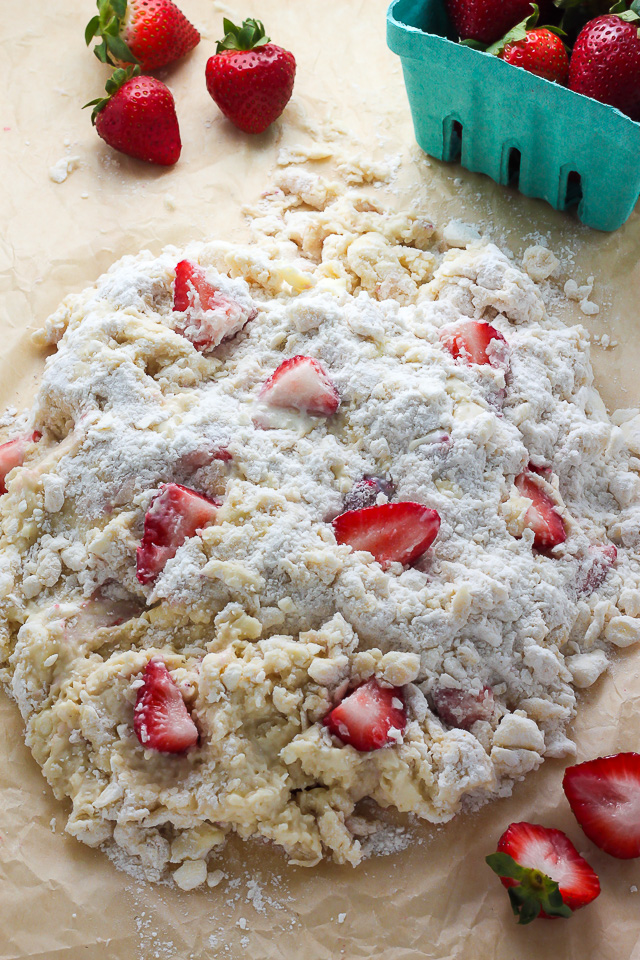 Strawberry scone dough on a table.