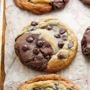Brookies on a parchment paper lined baking sheet.