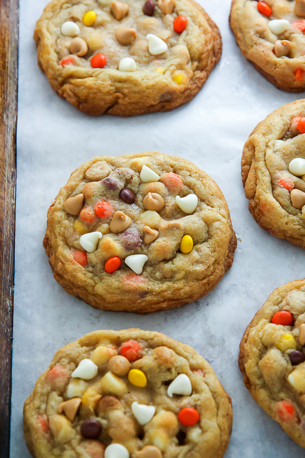 White Chocolate Reese's Pieces Peanut Butter Chip Cookies