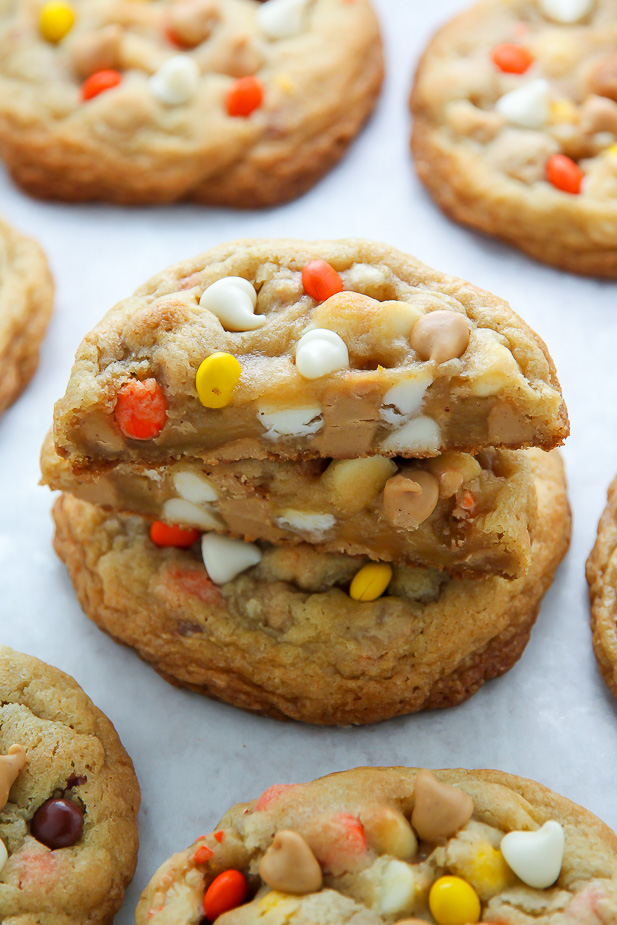 White Chocolate Reese's Pieces Peanut Butter Chip Cookies