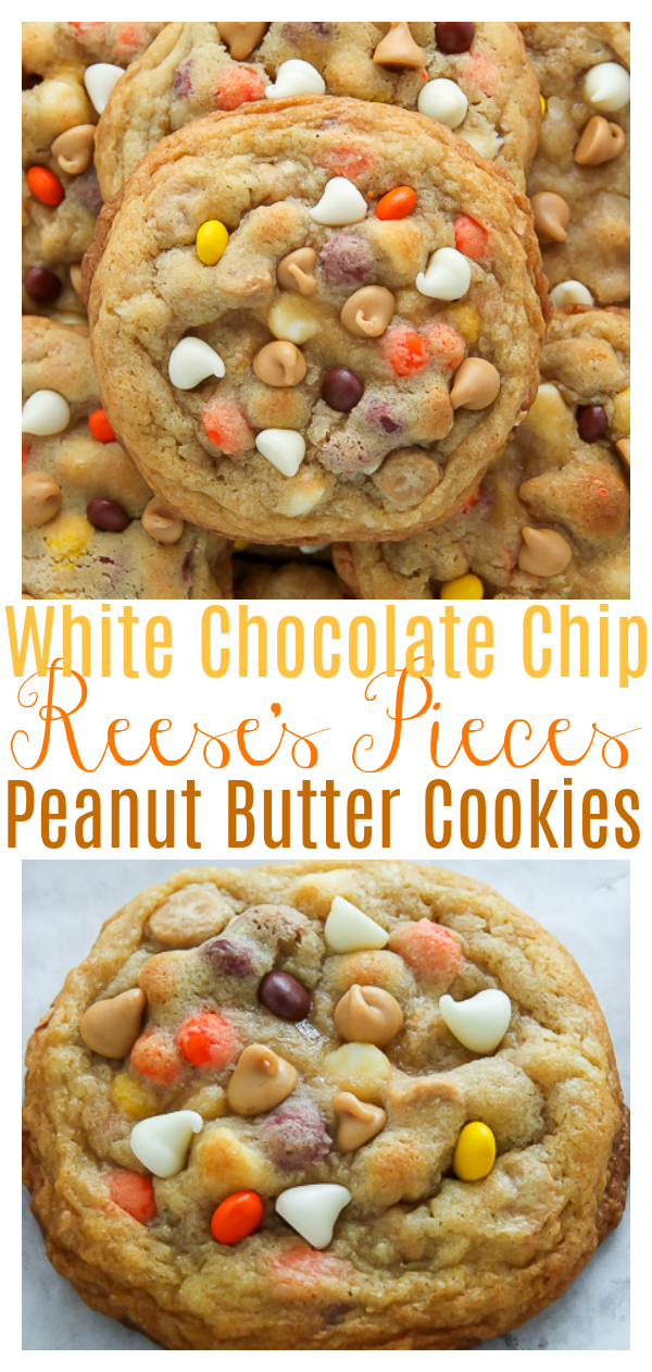Soft and chewy cookies loaded with white chocolate, Reese's pieces, and peanut butter chips! If you love peanut butter, but don't want them to overwhelm, these cookies are for you!