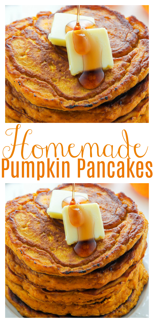 These Fluffy Pumpkin Pancakes are moist, tender, and FULL of real pumpkin flavor! Made with pumpkin puree and warming Fall spices, these are the perfect breakfast to welcome to the new season! Bonus: you can freeze any leftovers for up to 2 months!