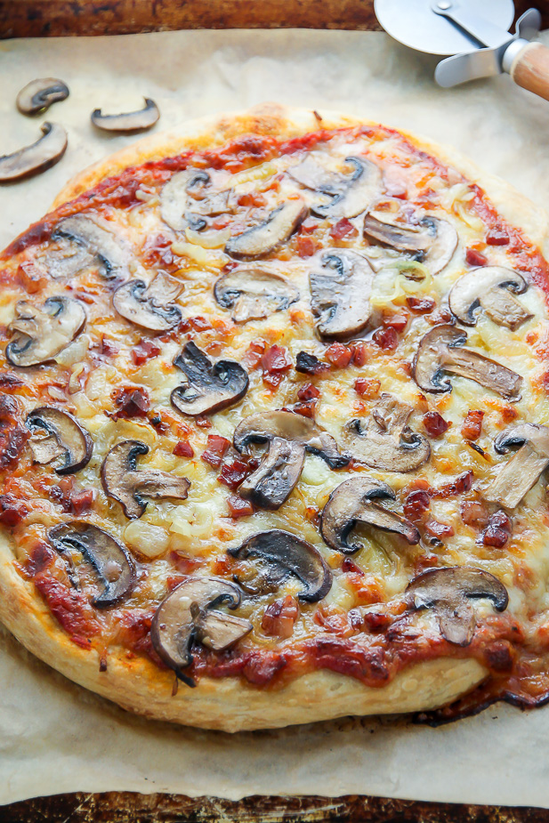 Mushroom Pizza with Pancetta and Caramelized Onions... the perfect pizza night indulgence!
