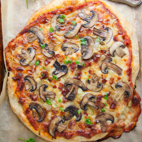 Mushroom Pizza with Pancetta and Caramelized Onions... the perfect pizza night indulgence!