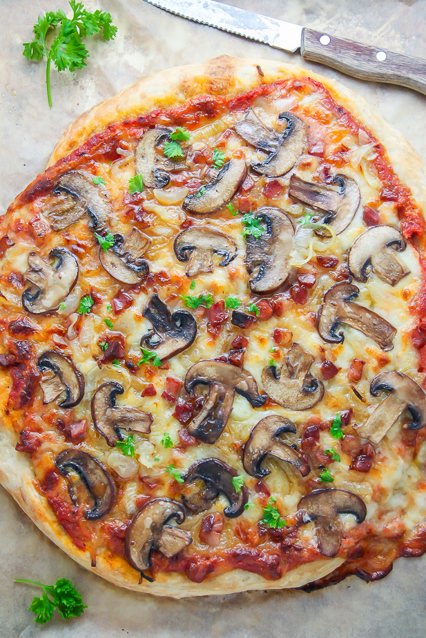 Mushroom Pizza with Pancetta and Caramelized Onions... the perfect pizza night indulgence!