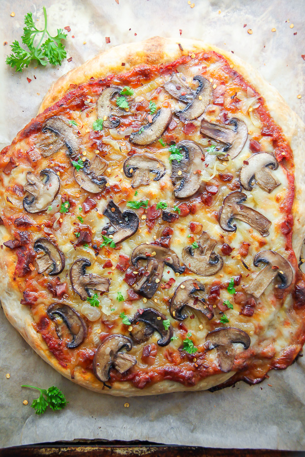 Mushroom Pizza with Pancetta and Caramelized Onions... the perfect pizza night indulgence!