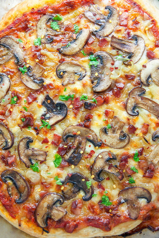 Mushroom Pizza with Pancetta and Caramelized Onions... the perfect pizza night indulgence!