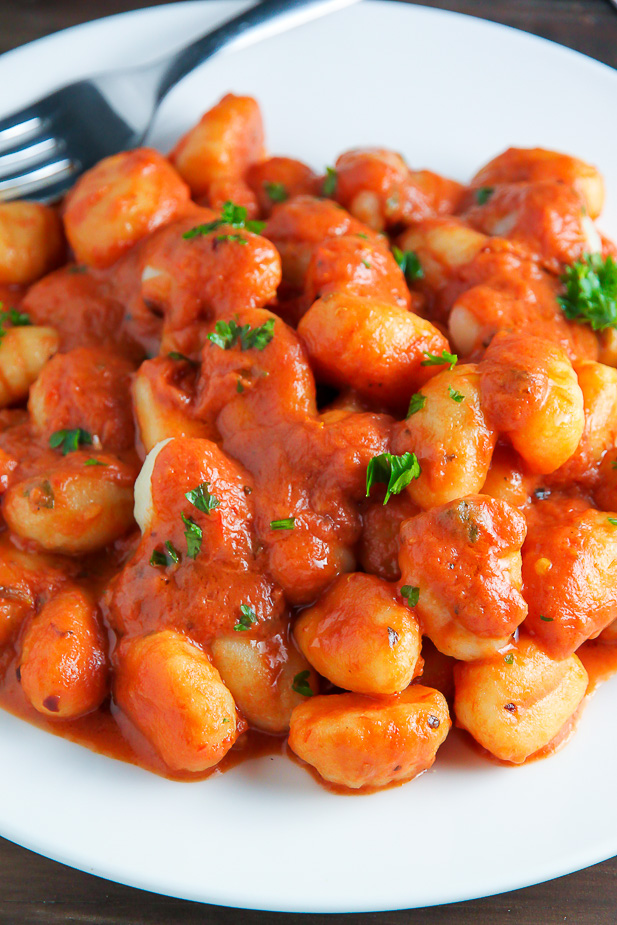 Soft pillows of potato gnocchi coated in a rich tomato vodka sauce.