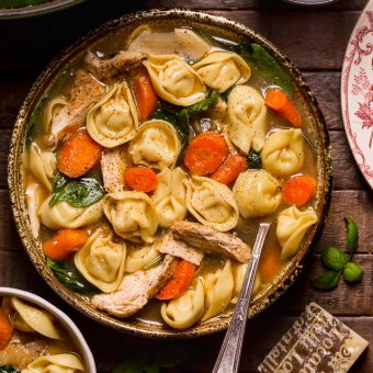 Nothing screams cozy like a giant bowl of Italian Chicken Tortellini Soup! Loaded with tender cheese tortellini, shredded chicken, fresh baby spinach, carrots, and celery... all in a super flavorful chicken broth! Serve this family favorite with extra parmesan cheese and crusty bread.