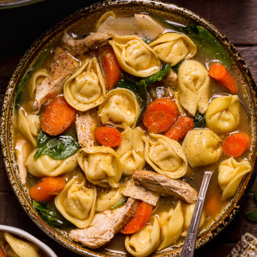 Nothing screams cozy like a giant bowl of Italian Chicken Tortellini Soup! Loaded with tender cheese tortellini, shredded chicken, fresh baby spinach, carrots, and celery... all in a super flavorful chicken broth! Serve this family favorite with extra parmesan cheese and crusty bread.