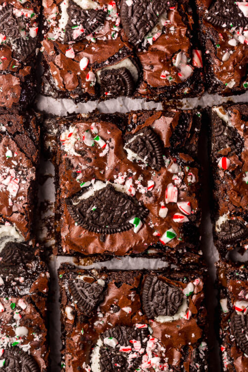 Oreo Peppermint Mocha Brownies are thick, fudgy, and a must bake this holiday season! Loaded with chocolate and peppermint flavor, these Oreo Brownies are sure to elevate any cookie platter or dessert tray! Top with chopped candy canes and Oreo pieces for any extra pretty presentation!