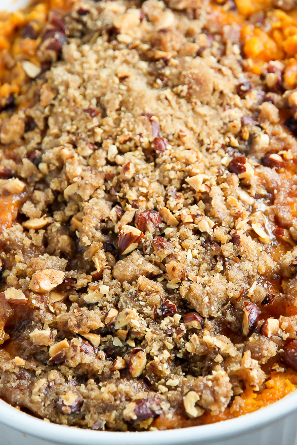 Creamy sweet potato casserole topped with crunchy brown sugar and almond streusel.