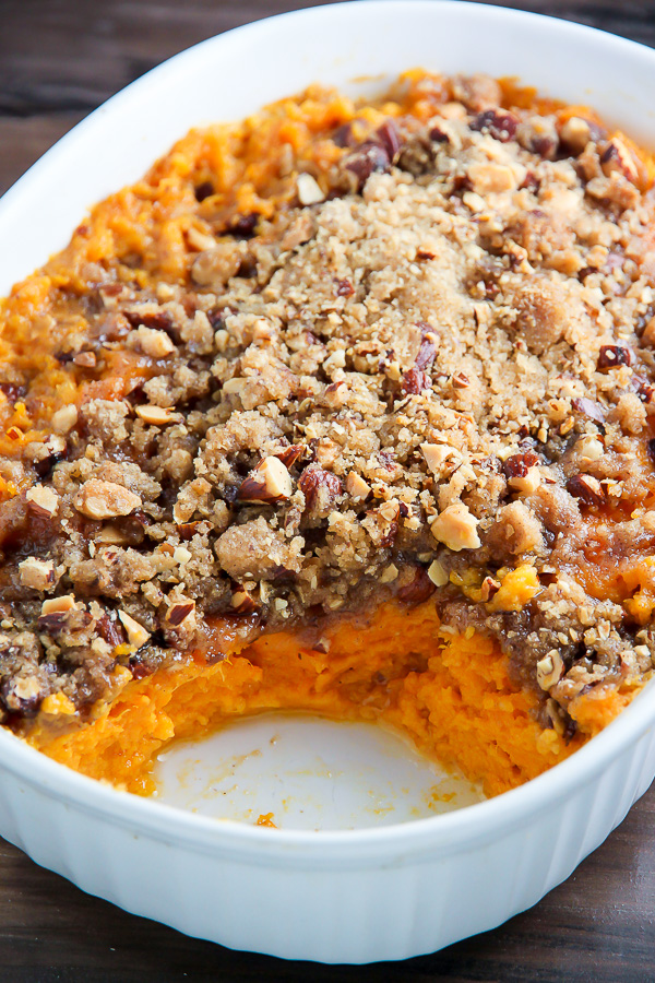 Creamy sweet potato casserole topped with crunchy brown sugar and almond streusel.