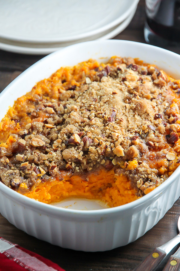 Creamy sweet potato casserole topped with crunchy brown sugar and almond streusel.