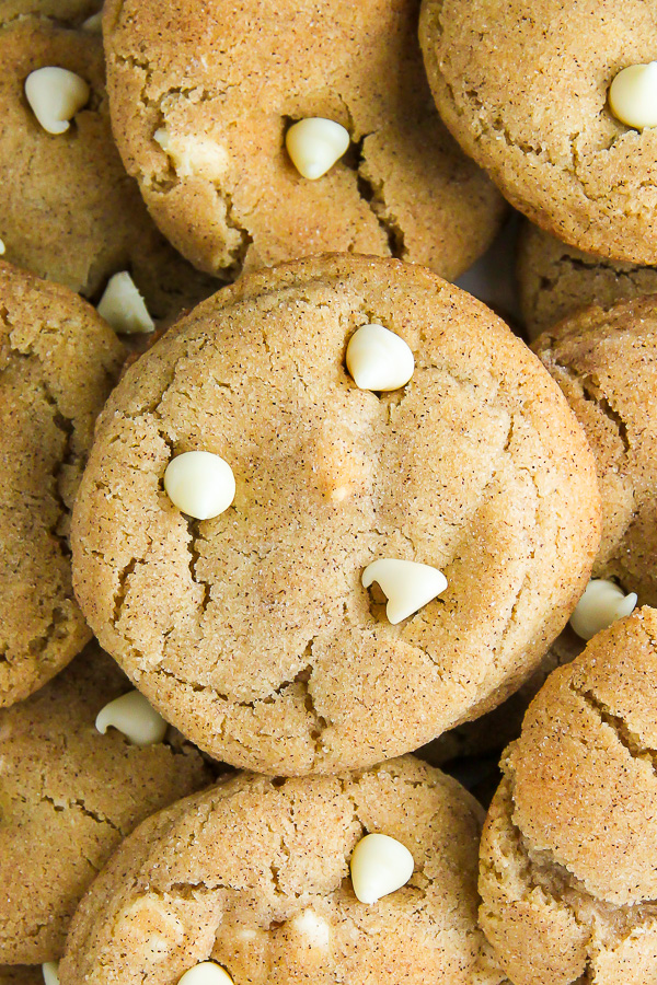 Soft and chewy cinnamon sugar snickerdoodles loaded with creamy white chocolate chips.