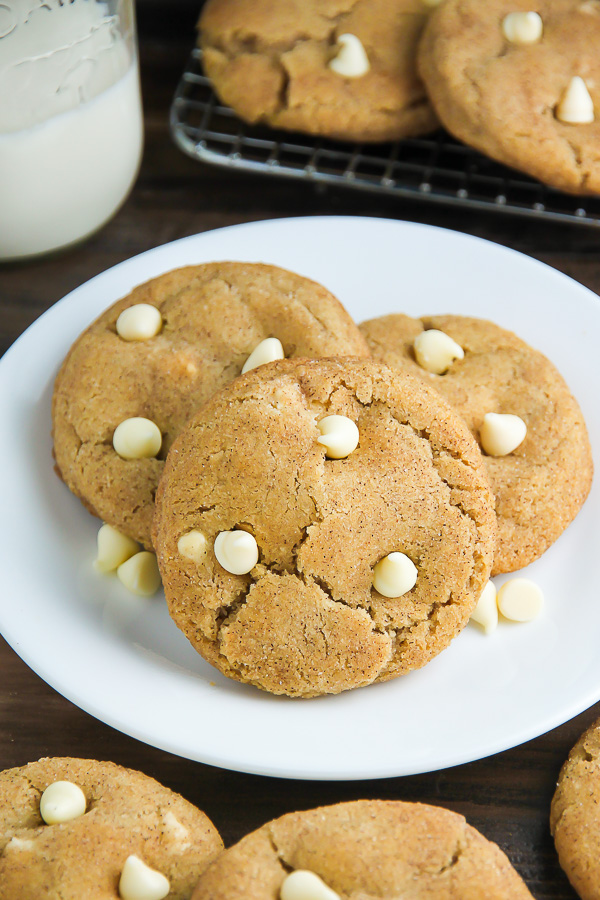 Soft and chewy cinnamon sugar snickerdoodles loaded with creamy white chocolate chips.