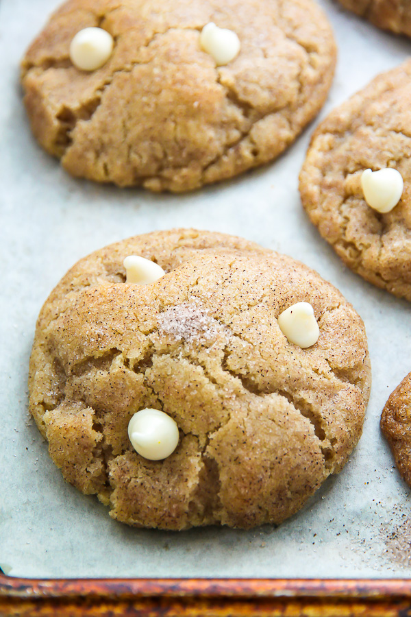 Soft and chewy cinnamon sugar snickerdoodles loaded with creamy white chocolate chips.