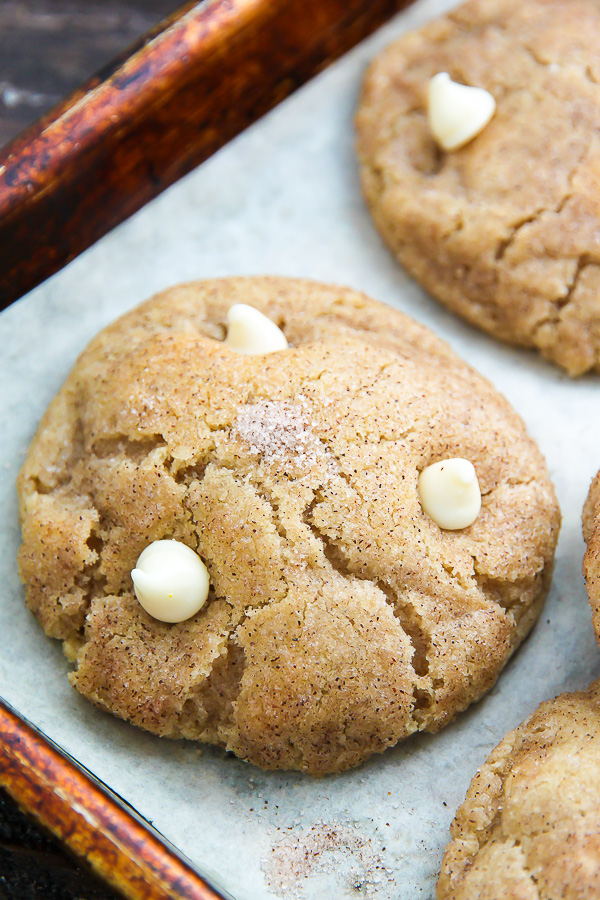 Soft and chewy cinnamon sugar snickerdoodles loaded with creamy white chocolate chips.