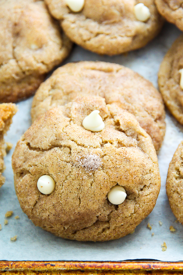 Soft and chewy cinnamon sugar snickerdoodles loaded with creamy white chocolate chips.