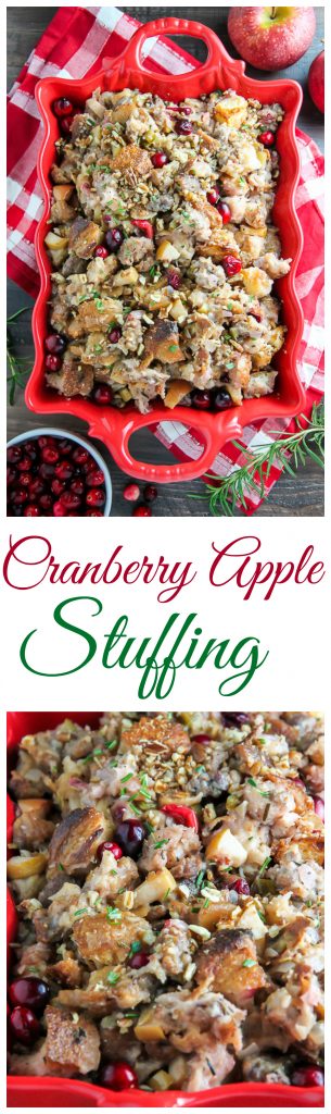 My go-to holiday stuffing recipe loaded with fresh herbs, chopped apples, cranberries, and sausage! Bonus: This recipe can be made ahead to help you save time.