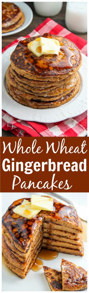 Moist and fluffy Gingerbread Pancakes made with whole wheat flour and a subtle amount of sugar! We love these.