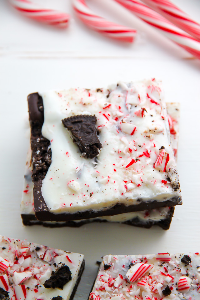 Layered peppermint chocolate bark topped with crushed candy canes and Oreo cookies!