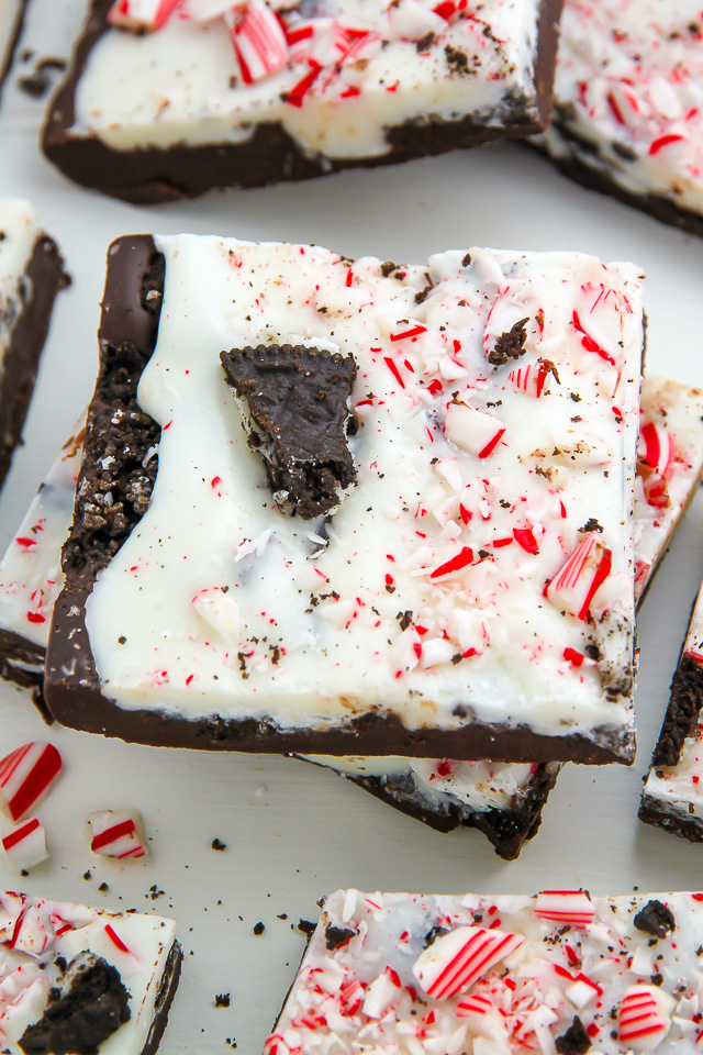 Layered peppermint chocolate bark topped with crushed candy canes and Oreo cookies!