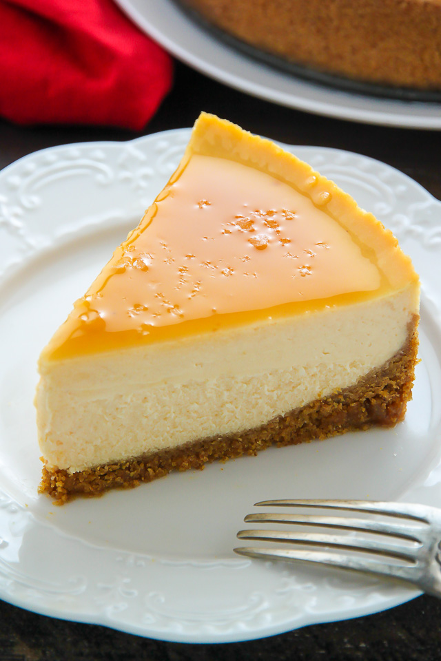 Creamy eggnog cheesecake topped with homemade salted caramel sauce! This holiday dessert is irresistible.