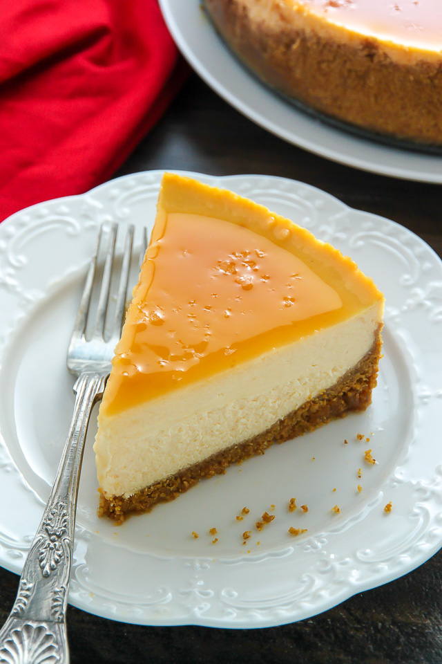 Creamy eggnog cheesecake topped with homemade salted caramel sauce! This holiday dessert is irresistible.