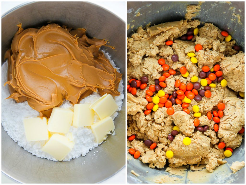 Creamy and crunchy chocolate peanut butter truffles loaded with mini Reese's pieces.