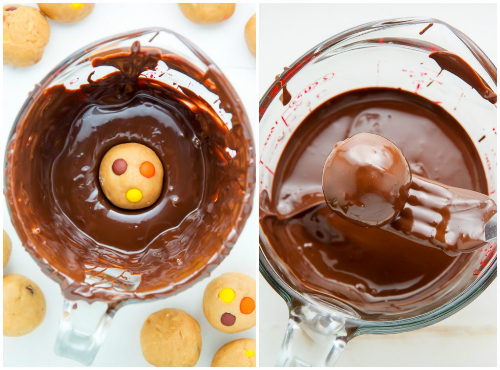 Creamy and crunchy chocolate peanut butter truffles loaded with mini Reese's pieces.