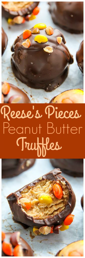Creamy and crunchy chocolate peanut butter truffles loaded with mini Reese's pieces.
