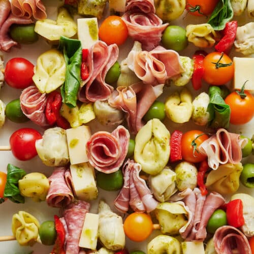 Antipasto skewers on a large serving platter.