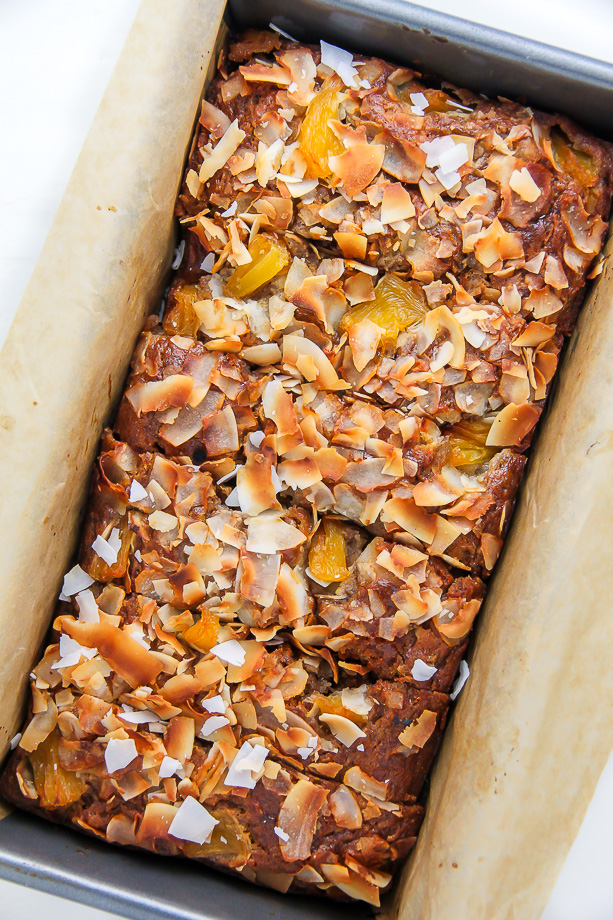 Sweet and fruity, this supremely moist banana bread is bursting with tropical flavors.