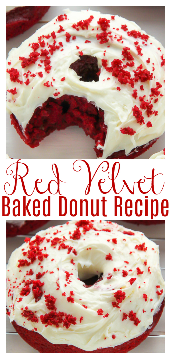 Red velvet donuts topped with cream cheese frosting! Baked, not fried, they're super moist and fluffy! Perfect for Christmas morning and ready in just 20 minutes!