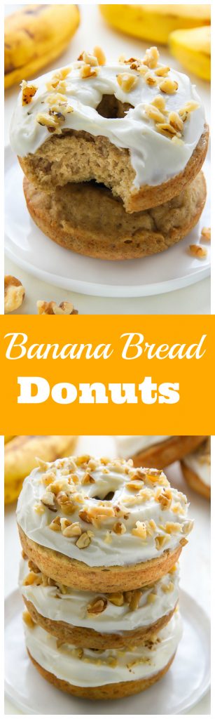 Supremely moist and flavorful banana bread donuts topped with luscious cream cheese frosting! Add a sprinkle of chopped walnuts for a lovely little crunch.