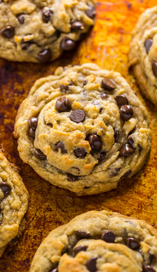 Vegan chocolate chip cookie on a baking sheet.