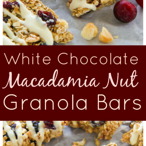 Loaded with cranberries, macadamia nuts, and topped with a sweet drizzle of white chocolate. These homemade granola bars are as easy as they are irresistible!