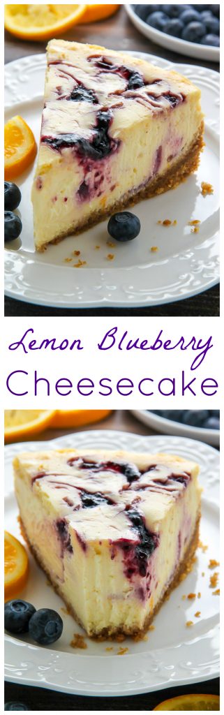 Supremely smooth and creamy homemade Lemon cheesecake topped with fresh Blueberry swirls. All layered on top of a buttery homemade graham cracker crust.