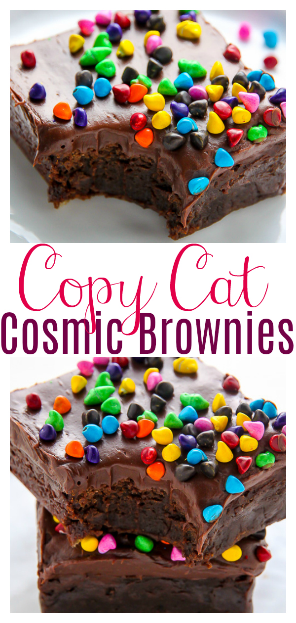 Super fudgy homemade brownies topped with decadent chocolate frosting and rainbow chocolate chips! These are basically copycat cosmic brownies... but so much better! Indulge your inner child with a batch today!