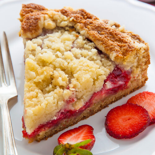 Moist and buttery strawberry crumb cake topped with sweet vanilla glaze!