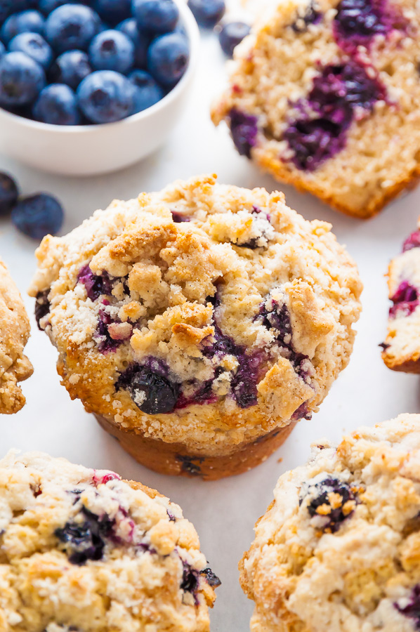 Jumbo Blueberry Crumb Muffins with fresh blueberries.