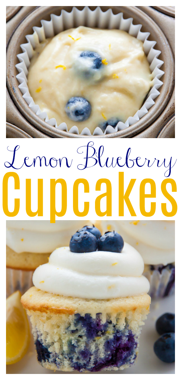Homemade Lemon Blueberry Cupcakes are topped with luscious Lemon Cream Cheese Frosting and Fresh Blueberries! The moist lemon cupcakes are so flavorful and bursting with juicy blueberries. This recipe is such a crowd-pleaser and perfect for Summer birthday parties, picnics, or barbecues!