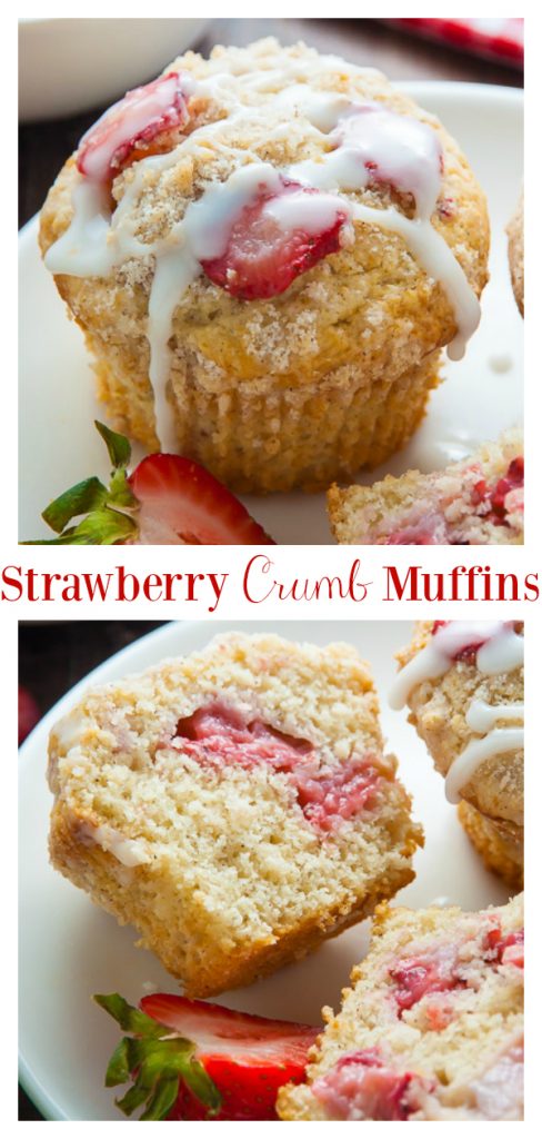 Sweet and supremely moist Strawberry Crumb Muffins! They're perfect for breakfast or as an after-school snack! Topped with buttery crumbs and sweet vanilla glaze, these muffins are irresistible!