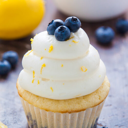 My favorite Lemon Blueberry Cupcakes! Topped with homemade Lemon Cream Cheese Frosting and Fresh Blueberries, they're simply irresistible.